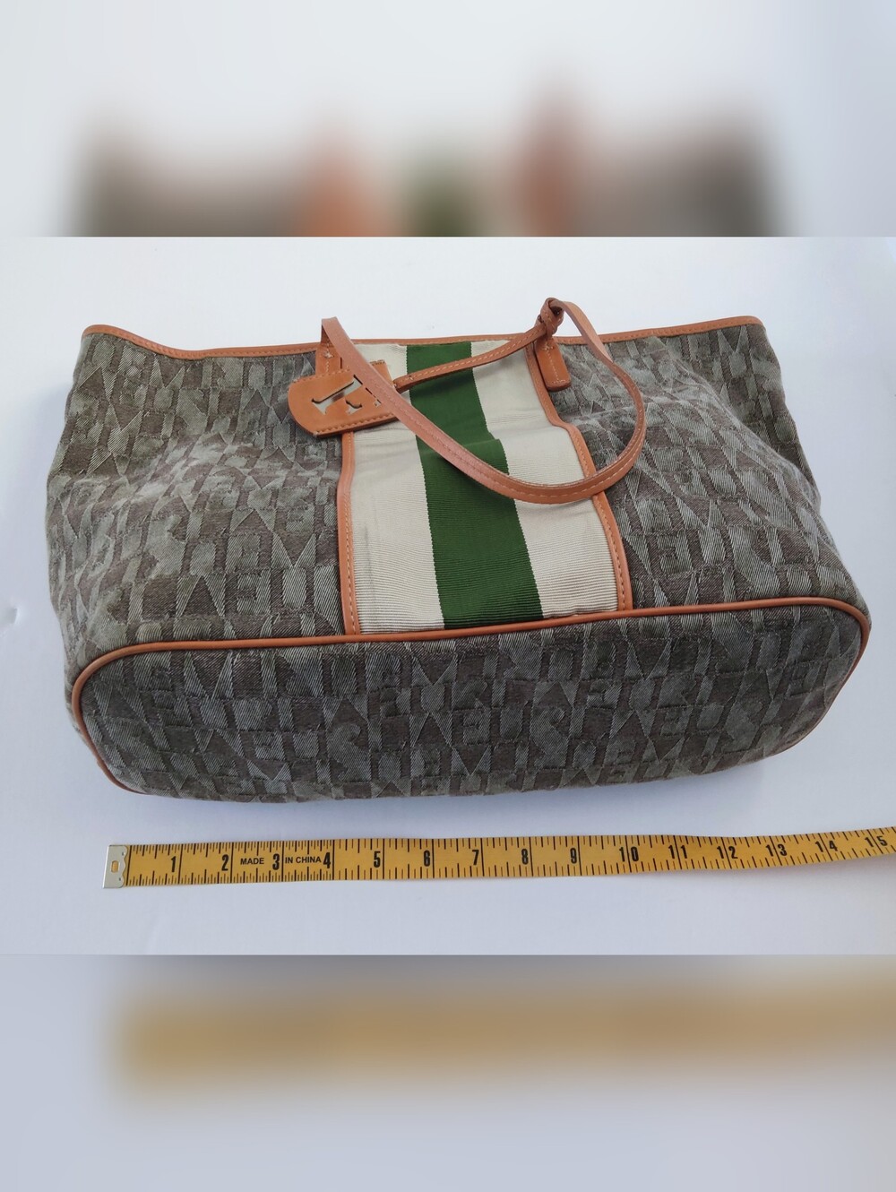 Furla Canvas Tote Bag with Green Stripe and Tan Lether Trim. Pre-owned. - Picture 11 of 13
